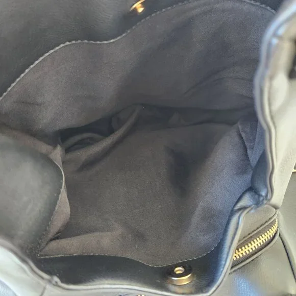 Bebe Black Faux Leather Bag Purse Large Gold Chains Glam Edgy Maximalism Loud - Picture 10 of 16